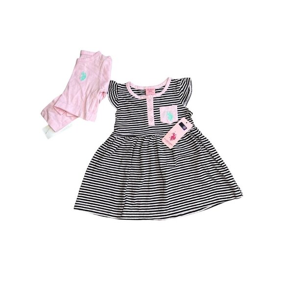U.S. Polo Assn. Baby Girl's 2-Piece Dress Set Pink Cardigan Striped Dress 12M - Picture 2 of 4